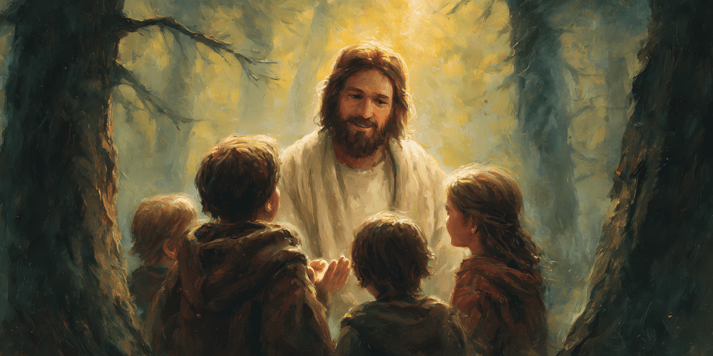jesus, prayer, solitude, forest, peace, faith, grace, light, divine, savior, spiritual, nature, reflection, calm, holy, silence, dawn, worship, hope, serenity, christian art, sacred, devotion, stillness, ai generated