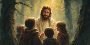 jesus, prayer, solitude, forest, peace, faith, grace, light, divine, savior, spiritual, nature, reflection, calm, holy, silence, dawn, worship, hope, serenity, christian art, sacred, devotion, stillness, ai generated