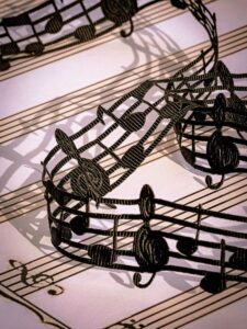 Artistic black lace musical notes elegantly arranged on sheet music, creating a captivating visual.
