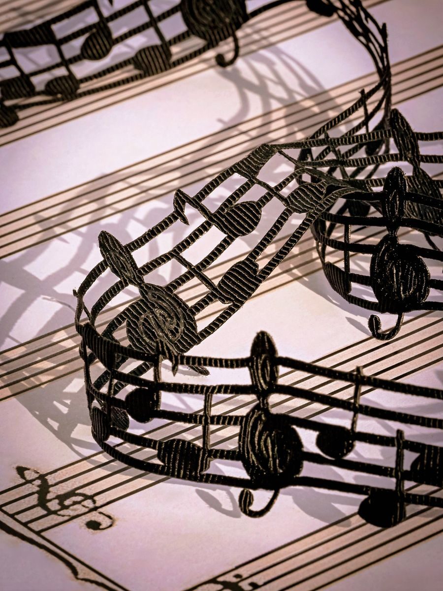 Artistic black lace musical notes elegantly arranged on sheet music, creating a captivating visual.